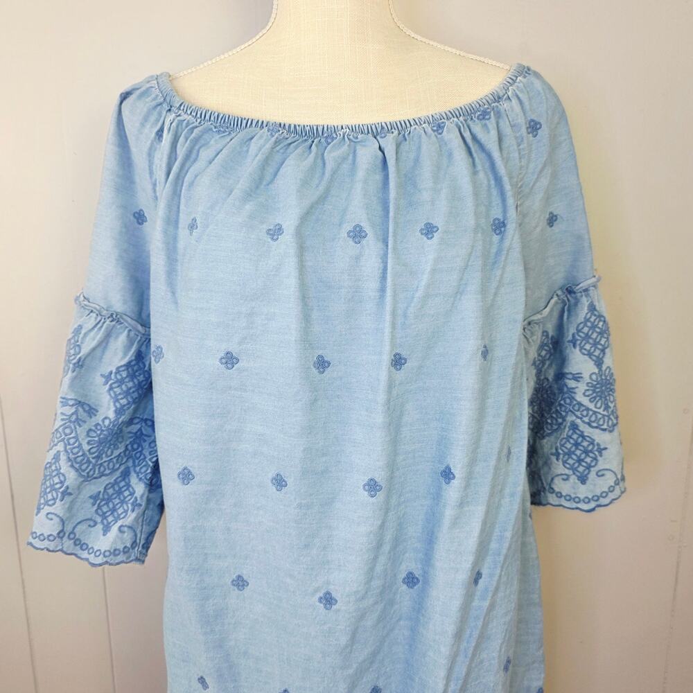 St. John’s Bay Dress Large Blue Embroidered Bell Sleeve Boho Peasant Coastal - Picture 4 of 12